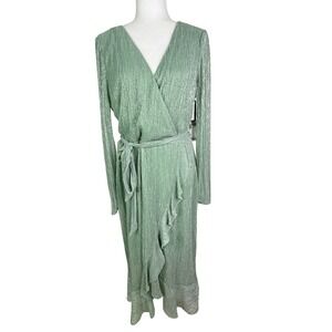 Kensie Metallic Faux Wrap Crinkle‎ Knit Sheer Overlay Midi Dress Sz 16
